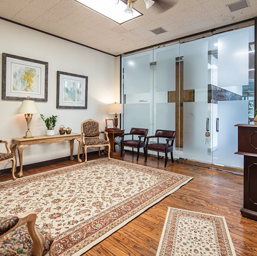 Carpet and chairs in dental waiting room